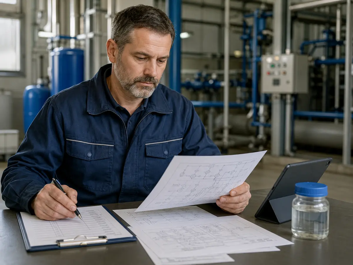 Auditor técnico revisando planos, registros y documentación para cumplir la normativa de Legionella