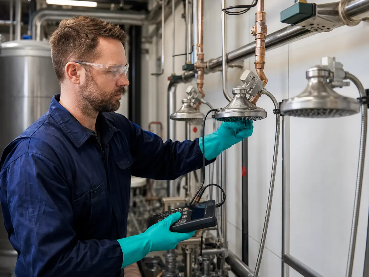 Técnico realizando una limpieza y desinfección de duchas para prevenir Legionella