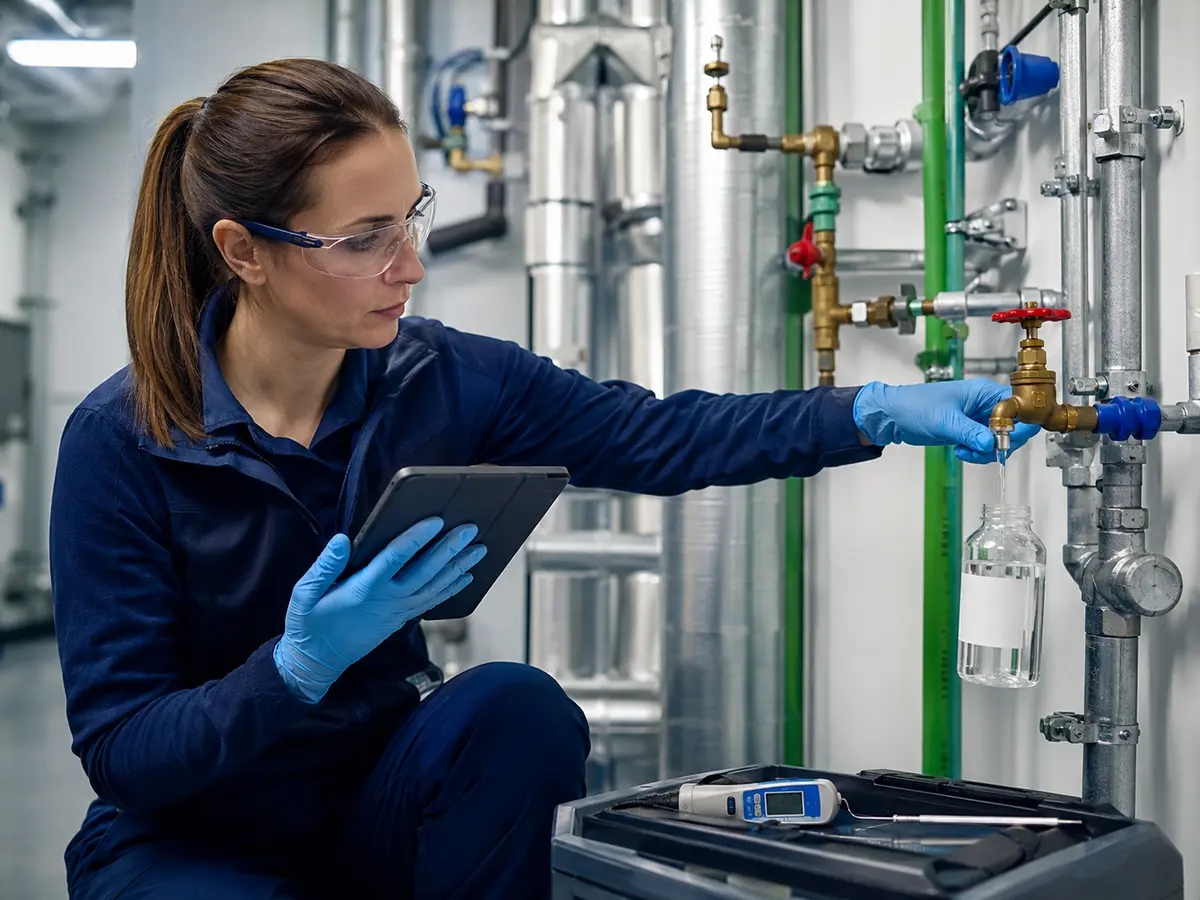 Técnica tomando una muestra de agua para el análisis y control de Legionella